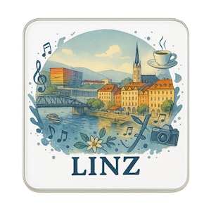 May include: Square coaster featuring a watercolor illustration of Linz, Austria, with a river, buildings, and a church. The design includes musical notes, a camera, and a cup of coffee. The word "LINZ" is at the bottom.