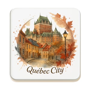 May include: A square coaster featuring a watercolor illustration of Québec City. The image shows a large castle, buildings, and a street lamp, surrounded by autumn leaves. The text "Québec City" is at the bottom.
