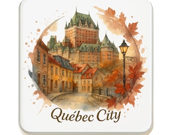 May include: A square coaster featuring a watercolor illustration of Québec City. The image shows a large castle, buildings, and a street lamp, surrounded by autumn leaves. The text "Québec City" is at the bottom.