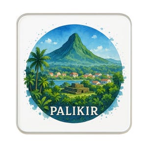 Puede incluir: Posavasos cuadrado con una ilustración de acuarela de un paisaje tropical. Una gran montaña verde domina el fondo, con un pueblo y un lago en el medio. La palabra "PALIKIR" está impresa en la parte inferior.