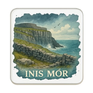 May include: Square coaster with a watercolour painting of Inis Mór, an island off Ireland's coast. The image shows a stone wall, a cliff, and the sea under a cloudy sky. The text "INIS MÓR" is at the bottom of the coaster.