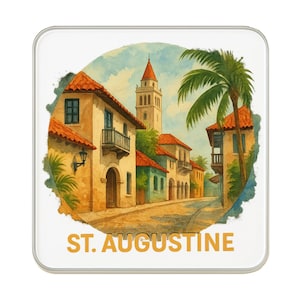 May include: Square coaster featuring a watercolor illustration of St. Augustine, Florida. The image depicts a street scene with buildings, a church tower, and palm trees. The text "ST. AUGUSTINE" is printed in orange.