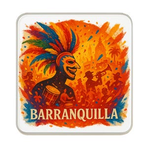 May include: Square coaster featuring a vibrant illustration of the Barranquilla Carnival. The design includes a masked figure with a feathered headdress, a drum, and musicians, set against a colorful, festive background with the word "BARRANQUILLA".