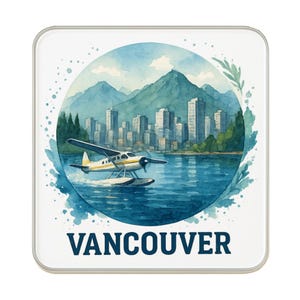 Può includere: Sottobicchiere quadrato con un'illustrazione ad acquerello di Vancouver. Il design include un idrovolante sull'acqua, un paesaggio urbano e montagne, il tutto all'interno di una cornice circolare. La parola "VANCOUVER" è stampata in blu navy.
