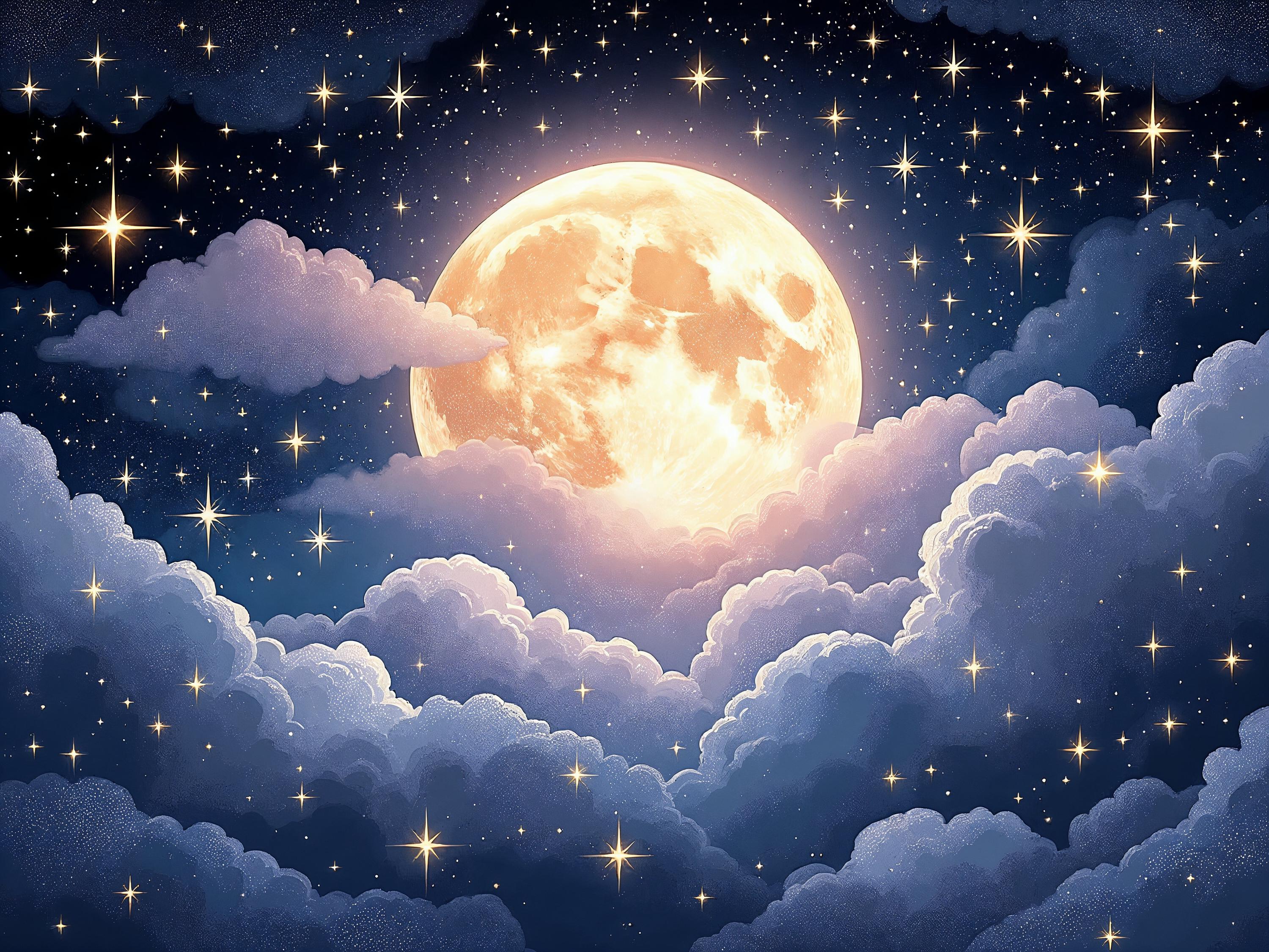 Dreamy Full Moon & Starry Sky - Celestial Fantasy Night Art - Digital Download