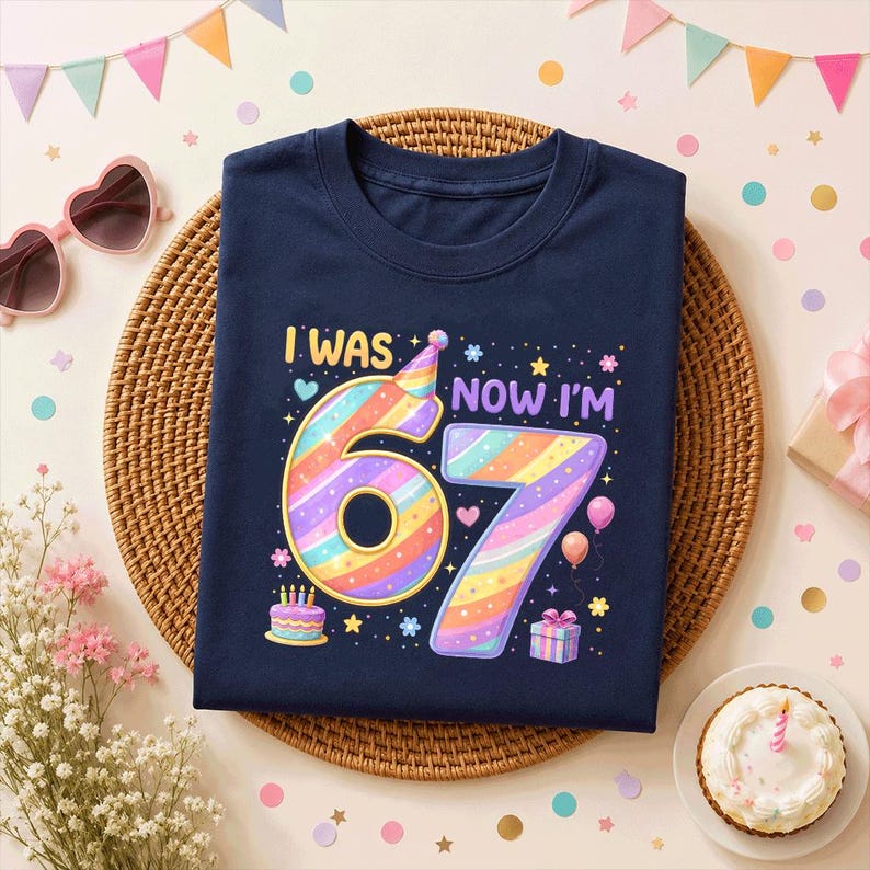 May include: A navy blue t-shirt featuring a colorful graphic with the text "I WAS" and "NOW I'M 67". The design includes a large number 67 in pastel rainbow stripes, a party hat, a birthday cake with candles, balloons, and a gift box.