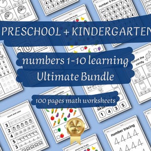 100 Preschool & Kindergarten Math Worksheets Bundle |  Number Tracing, Counting, Mazes, Coloring | Printable Kids Learning Activity