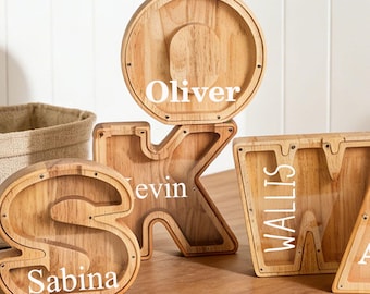 Custom Initial Piggy Bank, Personalized Wooden Letter Coin Bank, Kids Savings Bank, Playroom Decor, Gift for Boys Girls, First Birthday
