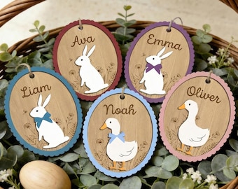 Custom Easter Basket Tag, Personalized Name Tag, Bunny or Goose with Bow, 3D Engraved Maple+Acrylic, Kids Easter Gift, Basket Ornament