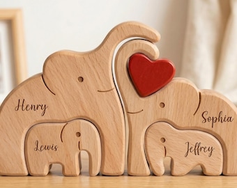 Gepersonaliseerde houten familiepuzzel olifant, aangepaste naam gegraveerd familieaandenken, Moederdagcadeau, babyshower, decor familieeenheid