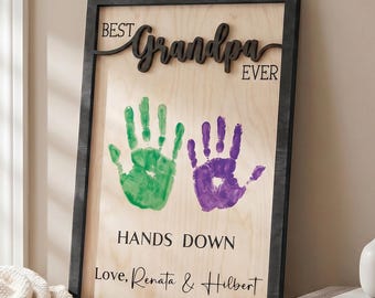 Enseigne personnalisée empreinte de main grand-père, enseigne en bois personnalisée papa grand-père, cadeau de fête des pères prénom petits-enfants, souvenir haut la main