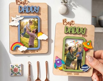 Imán con foto de papá, marco de fotos de madera personalizado para el refrigerador para papá, regalo del Día del Padre, imán con foto "Te amo", recuerdo del cumpleaños de papá