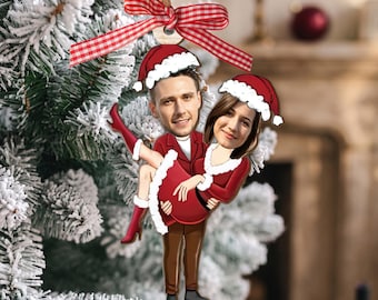 Personalized Couple Christmas Ornament, Custom Face Wooden Santa Couple Tree Decoration, Funny Romantic Christmas Gift