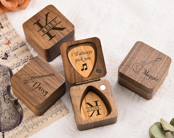 Personalized Wooden Guitar Picks with Case,Custom Wooden Guitar Picks Box,Wood Guitar Plectrum Organizer Case,Plectrum Box Guitar Player
