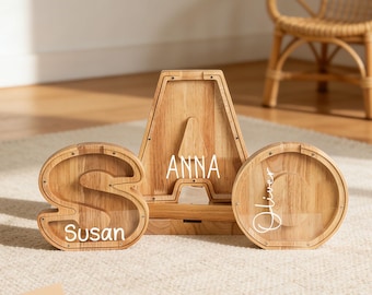 Wooden Alphabet Letter Bank, Personalized Name Piggy Bank, Clear Front Coin Saver, Kids Room Decor, Toddler Gift, Xmas Birthday Present