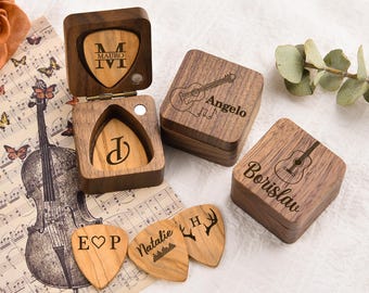 Custom Wooden Guitar Pick Case Box,Personalized Guitar Pick Holder Storage,Guitar Pick Holder,Gift for Guitarist Musician, Walnut Pick Box