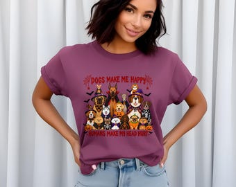 T-shirt « Les chiens me rendent heureuse » pour Halloween, T-shirt mignon pour les amoureux des chiens, T-shirt graphique chien effrayant, T-shirt chien pour Halloween, Cadeau amusant pour les mamans de chiens