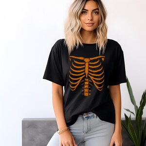 Skeleton Rib Cage Shirt , Halloween Costume T-Shirt for Women , Spooky Skeleton Graphic Tee , Funny Skeleton Bones Top