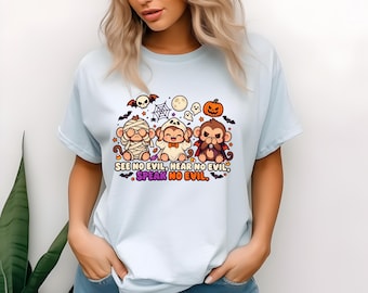 T-shirt Halloween Trois Singes de la Sagesse, T-shirt singe mignon et effrayant, T-shirt « Voir, entendre, ne rien dire de mal », T-shirt graphique Halloween, Cadeau d'automne amusant