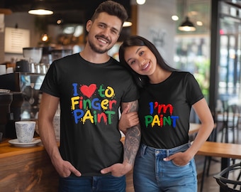 T-shirts humoristiques pour couples, T-shirts assortis pour couples, T-shirt effet peinture au doigt, T-shirt mignon pour couples, T-shirts pour soirées en amoureux, Cadeau humoristique pour partenaire, T-shirt pour lui et pour elle