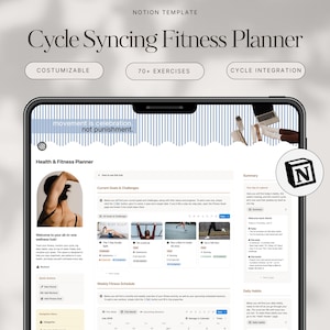 Op de afbeelding: Een digitale Notion-sjabloon getiteld Cycle Syncing Fitness Planner weergegeven op een tabletscherm. De interface bevat secties voor gezondheids- en fitnessplanning, huidige doelen, wekelijkse schema's en dagelijkse gewoontes.