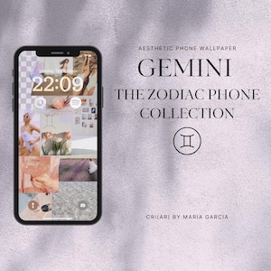 May include: A black smartphone shows a Gemini-themed aesthetic phone wallpaper. The lock screen displays the time and date. The wallpaper features a collage of images, including a woman in a white swimsuit and lavender fields. Text on the image reads "GEMINI THE ZODIAC PHONE COLLECTION."