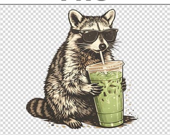 Funny Raccoon Drinking Iced Matcha Latte PNG, Animal Meme Graphic Print File, Coffee Lover Raccoon Digital Instant Download