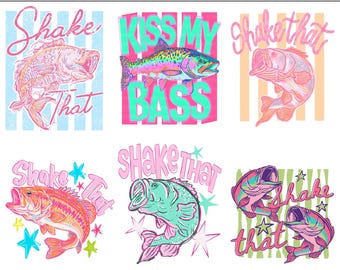 Everyday Summer Shake That Bass 6+ File, Pink Preppy Print Lake Pond Fish PNG, Funny Retro Fishing Graphics, Kiss My Bass Digital Download