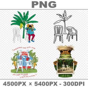 May include: A digital illustration featuring a frog with a camera, a banana tree, and white chairs. The image includes text in Spanish: "MIENTRAS UNO ESTE VIVO UNO DEBE DE AMAR LO QUE MÁS PUEDA." The image is labeled "PNG" and has dimensions of 4500PX x 5400PX - 300DPI.