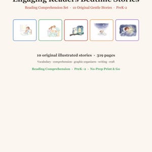 May include: A 319-page educational book titled Engaging Readers Bedtime Stories, featuring 10 original illustrated stories for PreK-2. The cover displays five small square illustrations, vocabulary and comprehension text, and the brand Apple & Brush.