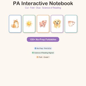 May include: A digital educational resource titled PA Interactive Notebook: Cut, Fold, Glue, Science of Reading. It features five illustrated cards showing a cat, sun, pig, dog, and mug, with labels for 150+ No-Prep Foldables, PreK-Grade 1, and Apple & Brush.