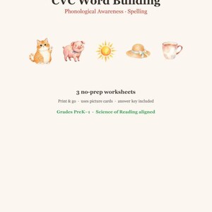 May include: Educational worksheet titled CVC Word Building for phonological awareness and spelling. It features watercolour illustrations of a cat, pig, sun, hat, and mug. Text includes 3 no-prep worksheets, grades PreK-1, and Apple & Brush branding.