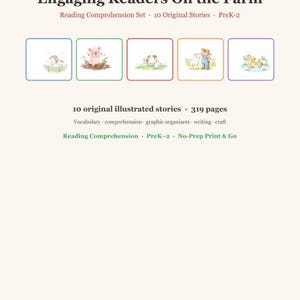 May include: A 319-page reading comprehension set titled Engaging Readers On the Farm, featuring 10 original stories for PreK-2. The cover displays five small illustrations of farm animals and the text Apple & Brush at the bottom.