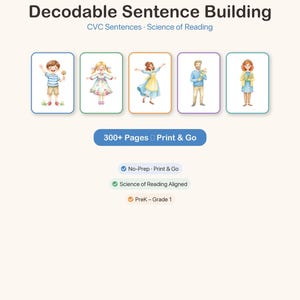 May include: Educational resource titled Decodable Sentence Building CVC Sentences Science of Reading featuring five illustrated cards of people, a 300+ Pages Print & Go button, and labels for No-Prep, Science of Reading Aligned, and PreK-Grade 1.