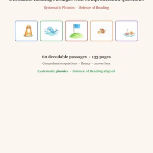 以下が含まれることがあります： Decodable Reading Passages with Comprehension Questions、Systematic Phonics、Science of Readingというタイトルの文書。60のデコード可能なパッセージ、133ページ、理解度質問、流暢さ、解答キー、Apple & Brushが含まれています。