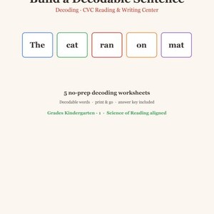 以下が含まれることがあります： Build a Decodable Sentenceというタイトルの教育用ワークシート。The、cat、ran、on、matという単語が入った5つのカラフルなボックスがあります。5 no-prep decoding worksheets、Grades Kindergarten-1、Science of Reading aligned、Apple & Brushというテキストが含まれています。
