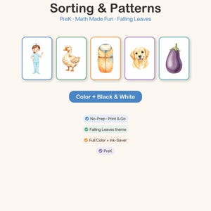 PreK Sorting and Patterns Math Worksheets | No Prep Printable | Color + Ink-Saver