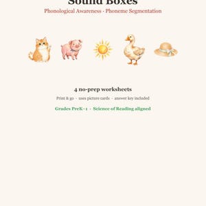 May include: Educational worksheet titled Sound Boxes for phonological awareness and phoneme segmentation. Features illustrations of a cat, pig, sun, duck, and hat. Includes text: 4 no-prep worksheets, Print & go, uses picture cards, answer key included, Grades PreK-1, Science of Reading aligned, and Apple & Brush.
