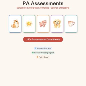 Phonological Awareness Assessments, 150 Pages, Picture Screeners Progress Monitoring, Science of Reading, PreK Kindergarten