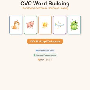 May include: Educational CVC Word Building resource featuring the text 'CVC Word Building Phonological Awareness Science of Reading' and '150+ No-Prep Worksheets'. Includes five rectangular cards with watercolour illustrations of a cat, pig, sun, plane, and beetle.