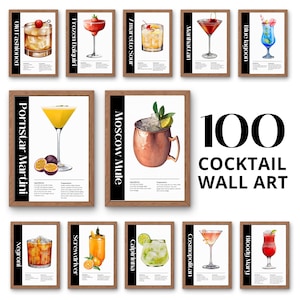 100 wydruków COCKTAIL ART - Pakiet wydrukowanych przepisów na koktajle - Sztuka ścienna z koktajlami i obrazy z koktajlami - Natychmiastowe pobieranie pliku PDF