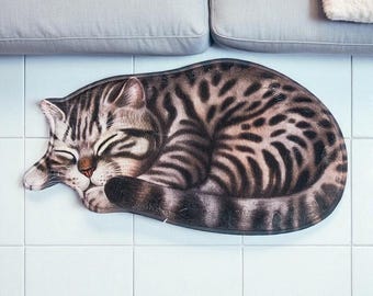 Realistic Sleeping Cat Carpet, Cute Kitty Floor Mat, Cozy Animal Print Rug for Bedroom, Living Room, Nursery Decor, Kids Room Decor