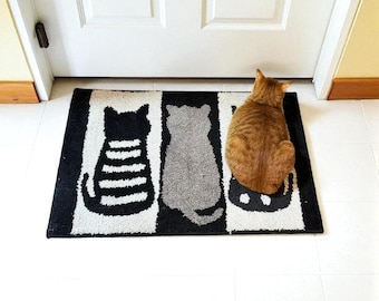 Cute Cat Shaped Rug, Handmade Tufted Kitty Floor Mat, Kawaii Animal Area Rug for Bedroom & Living Room Decor, Fluffy Tufted Rug