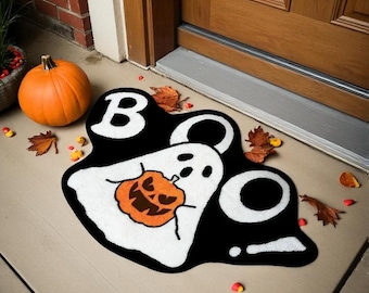 Boo Ghost Halloween Rug, Spooky Tufted Door Mat, Cute Ghost Carpet, Fall Home Decor, Black & White Entryway Mat, Handmade Halloween Decor