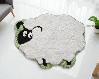 Cute Sheep Shaped Rug, Fluffy Cartoon Animal Carpet, Soft Kids Room Decor, Nursery Play Mat, Kawaii Bedroom, Farmhouse Woolly Sheep Rug
