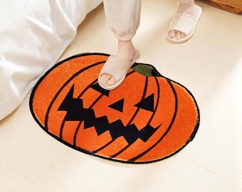 Pumpkin Halloween Rug, Jack O Lantern Tufted Carpet, Orange Black Fall Decor, Spooky Door Mat, Cute Handmade Floor Mat, Autumn Home Decor