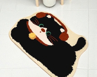 Black Cat Shaped Rug, Cute Cartoon Cat Floor Mat, Handmade Tufted Kawaii Cat Rug, Animal Area Rug for Bedroom Living Room Bathroom Decor