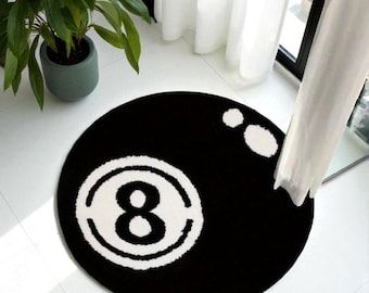 8 Ball Round Rug, Black & White Tufted Carpet, Retro Pool Ball Floor Mat, Funky Game Room Decor, Cool Aesthetic Bedroom Rug