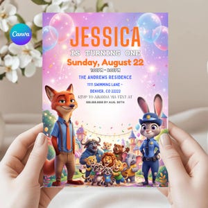 May include: A colorful invitation for Jessica's first birthday, featuring the text "JESSICA IS TURNING ONE" and event details. The design includes cartoon characters and balloons, with the Canva logo in the corner.