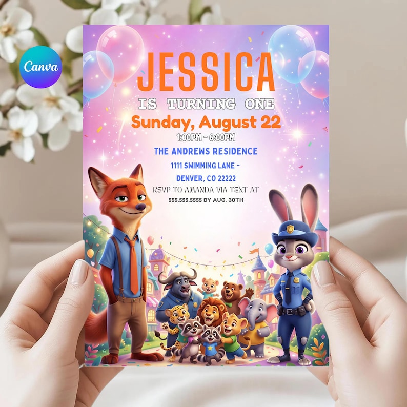 May include: A colorful invitation for Jessica's first birthday, featuring the text "JESSICA IS TURNING ONE" and event details. The design includes cartoon characters and balloons, with the Canva logo in the corner.